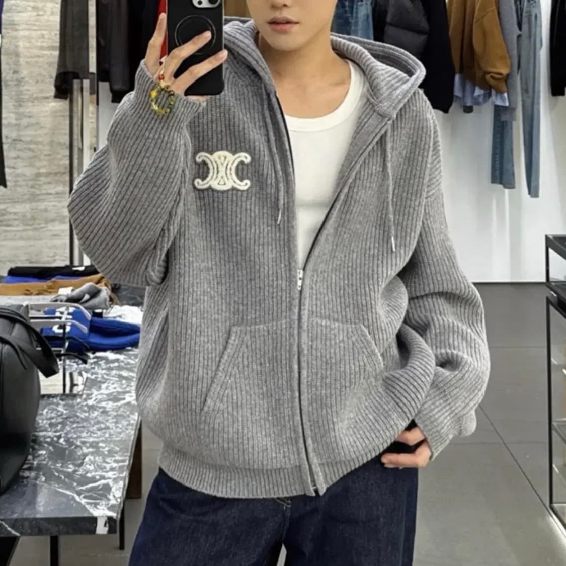 [S급/오버핏M] 25FW 셀린느 트리오페 울 리브드 니트 후드집업 상품이미지8