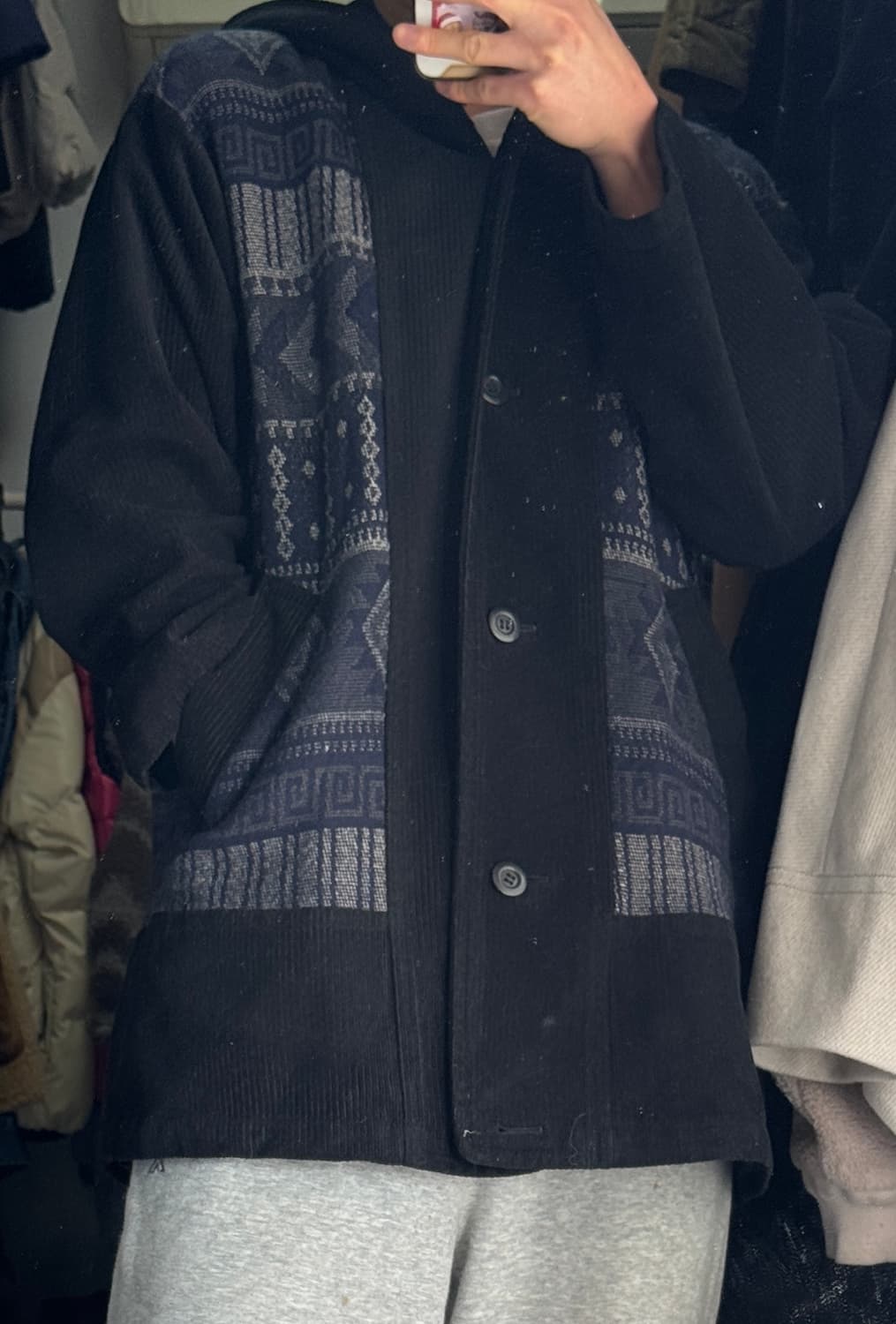 희귀!! 공용 빈티지 패턴 코듀로이 버튼 후드 자켓 L 상품이미지2