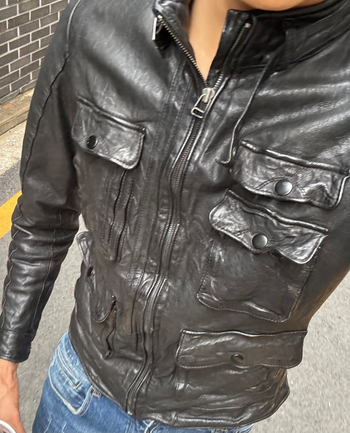 웨스턴 무드 이테리 램스킨 양가죽 절개 포켓 레더 자켓 상품이미지1