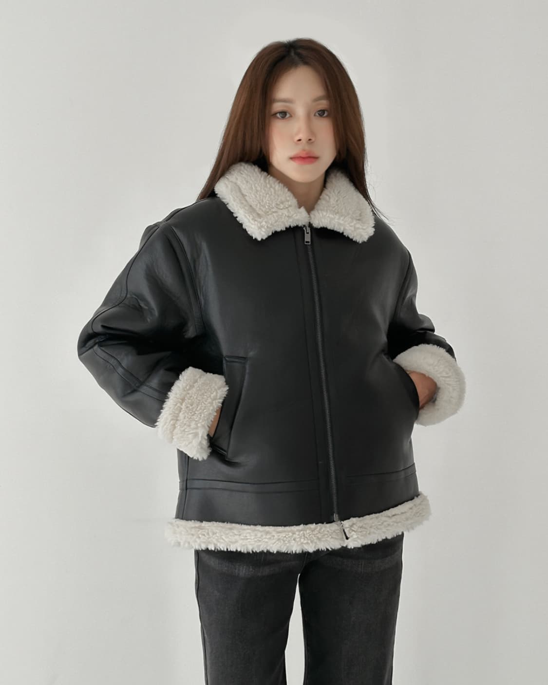 [택o 새상품] 니썸 애쉬튼레더무스탕 블랙 양털 하이넥 상품이미지3