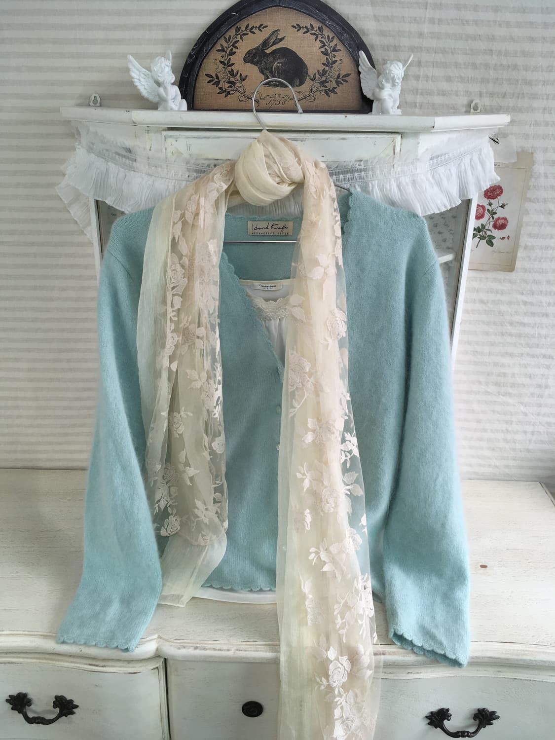 Set)민트 울 가디건 + 로즈 머플러 + 레이스 슬리브리스 상품이미지6