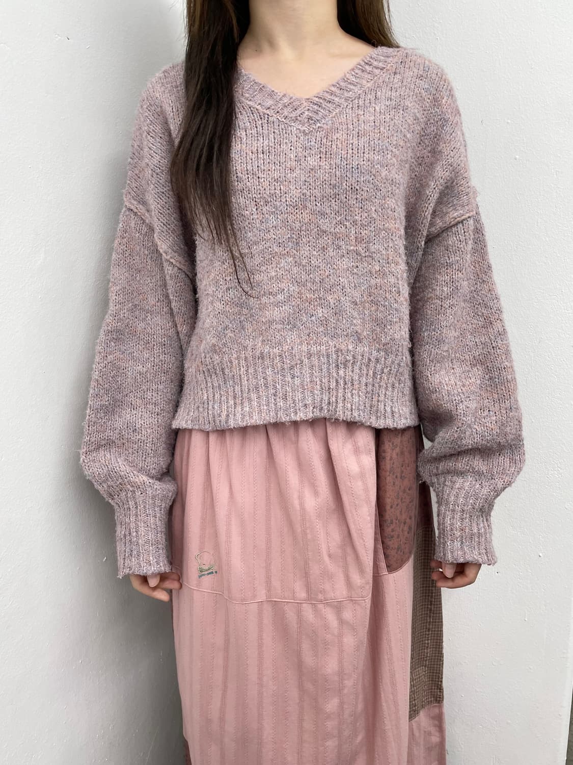 핑크 자수 패치 디테일 롱스커트 상품이미지3