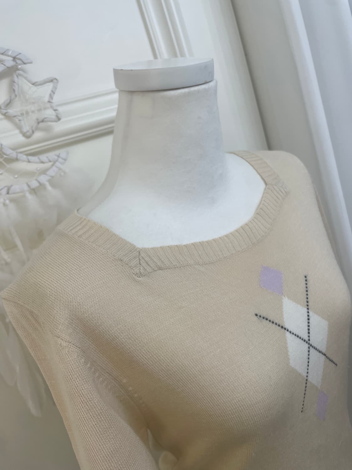 beige argyle point square-neck knit top 상품이미지7