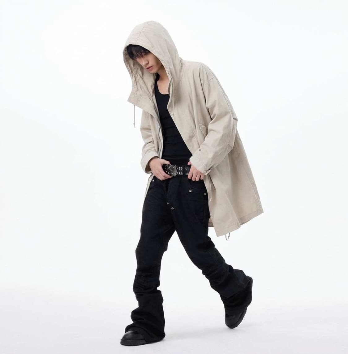 언더커버 베이지 사선 비대칭 드로스트링 면 후디코트 상품이미지2