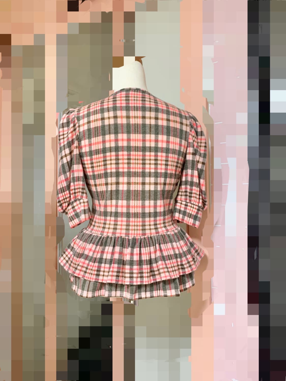  뱅뱅레이디 연핑크 체크 블라우스 호칭90/퍼프소매/페블럼/새거수준 상품이미지2