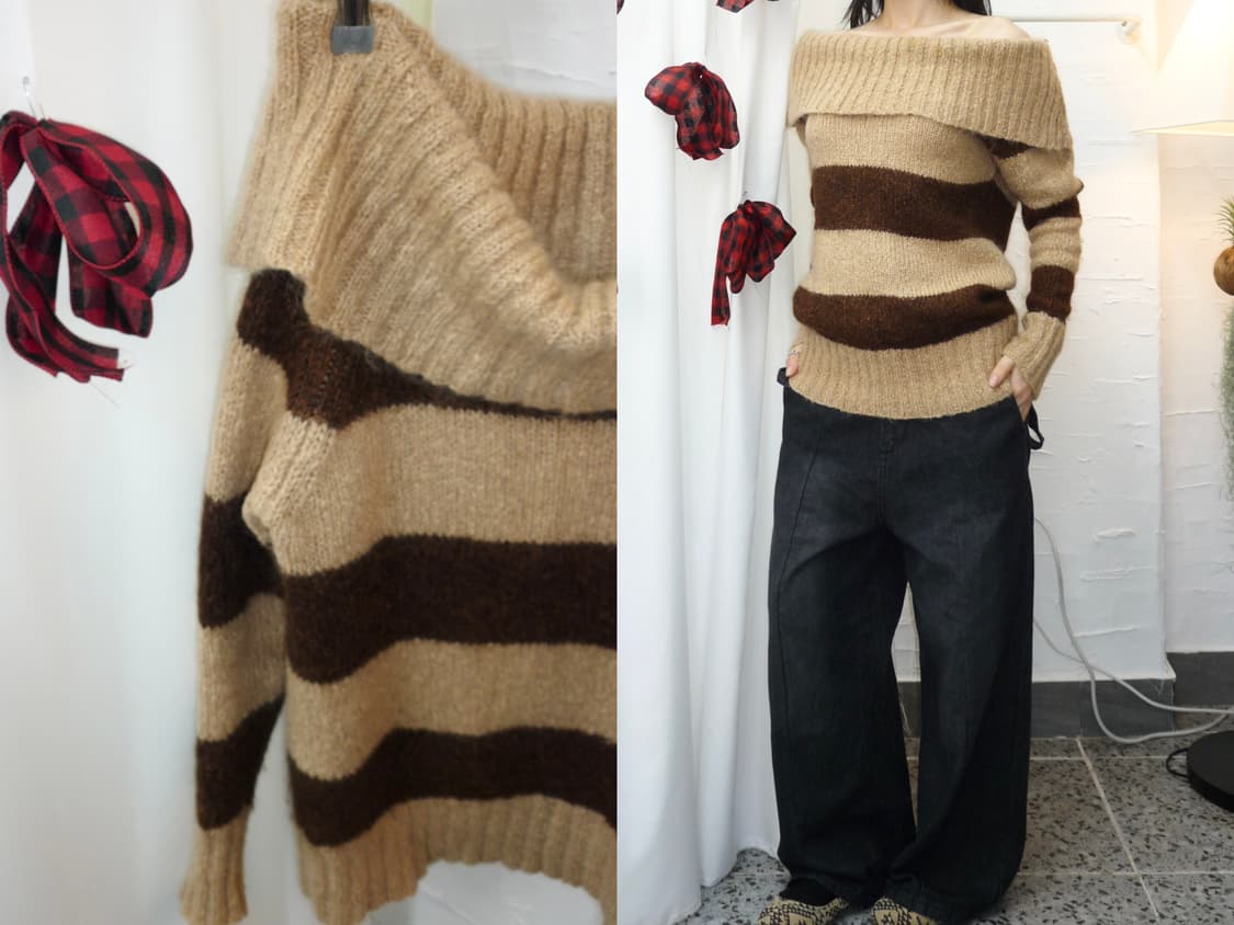 Mocha stripe off-shoulder knit 상품이미지1