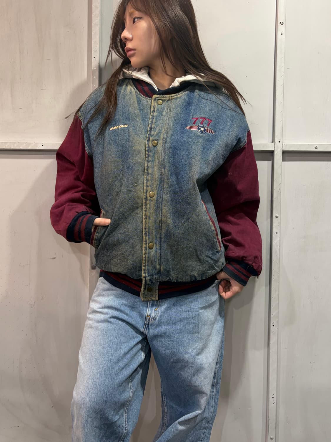 90s 777denim burgundy varsity jk 상품이미지2