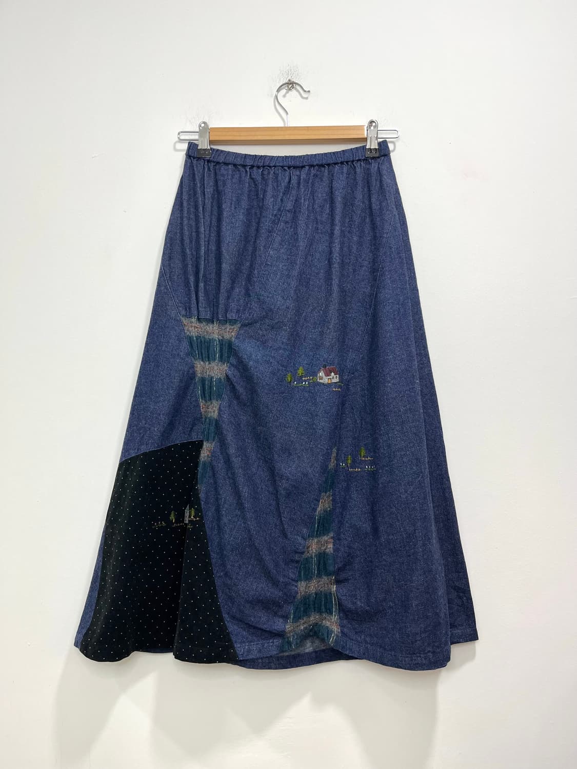 일본빈티지 모리걸 골덴 패치워크 자수 데님 롱스커트 상품이미지1