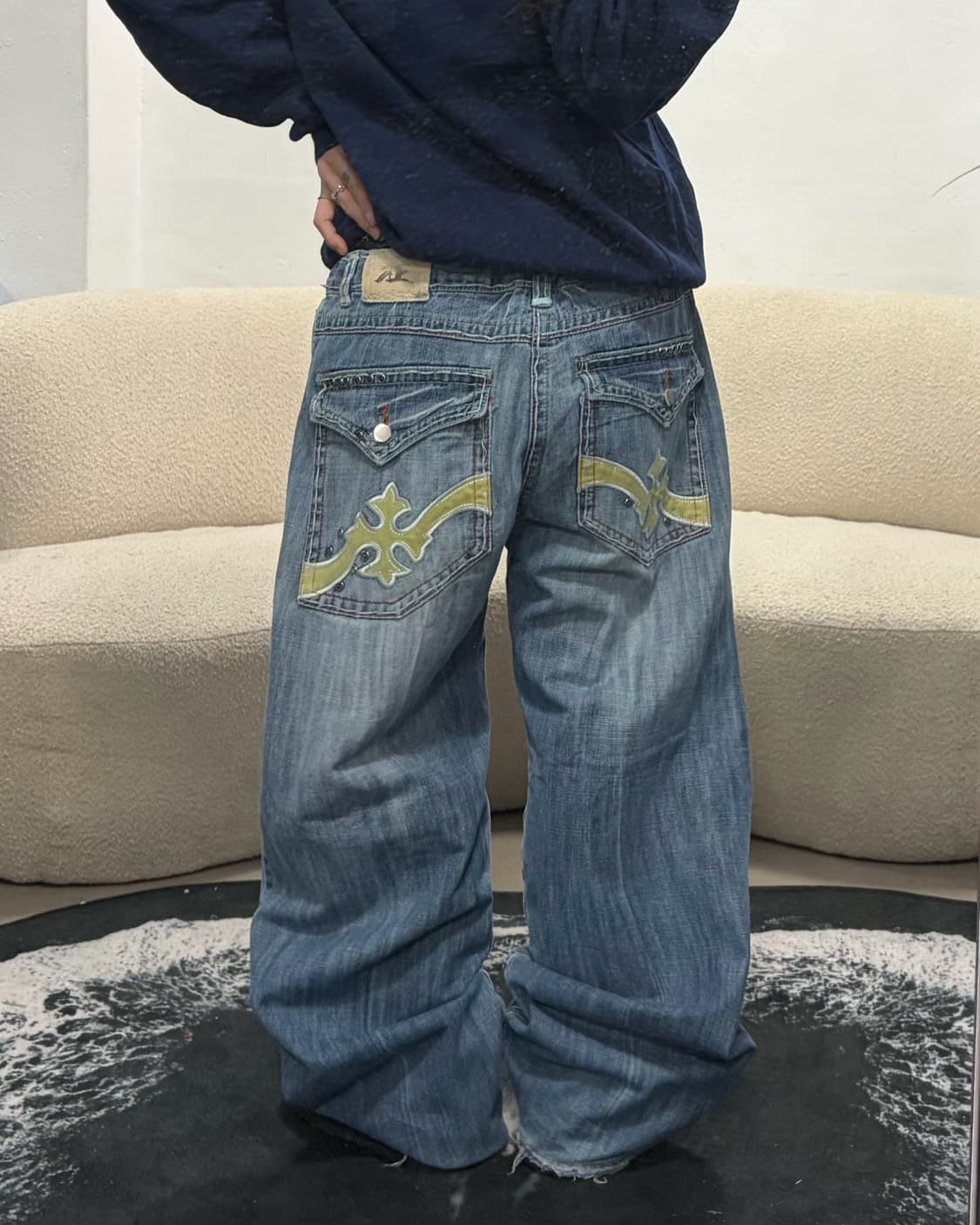 90s 빈티지 스터드 스티치 데님와이드 힙합팬츠 상품이미지1