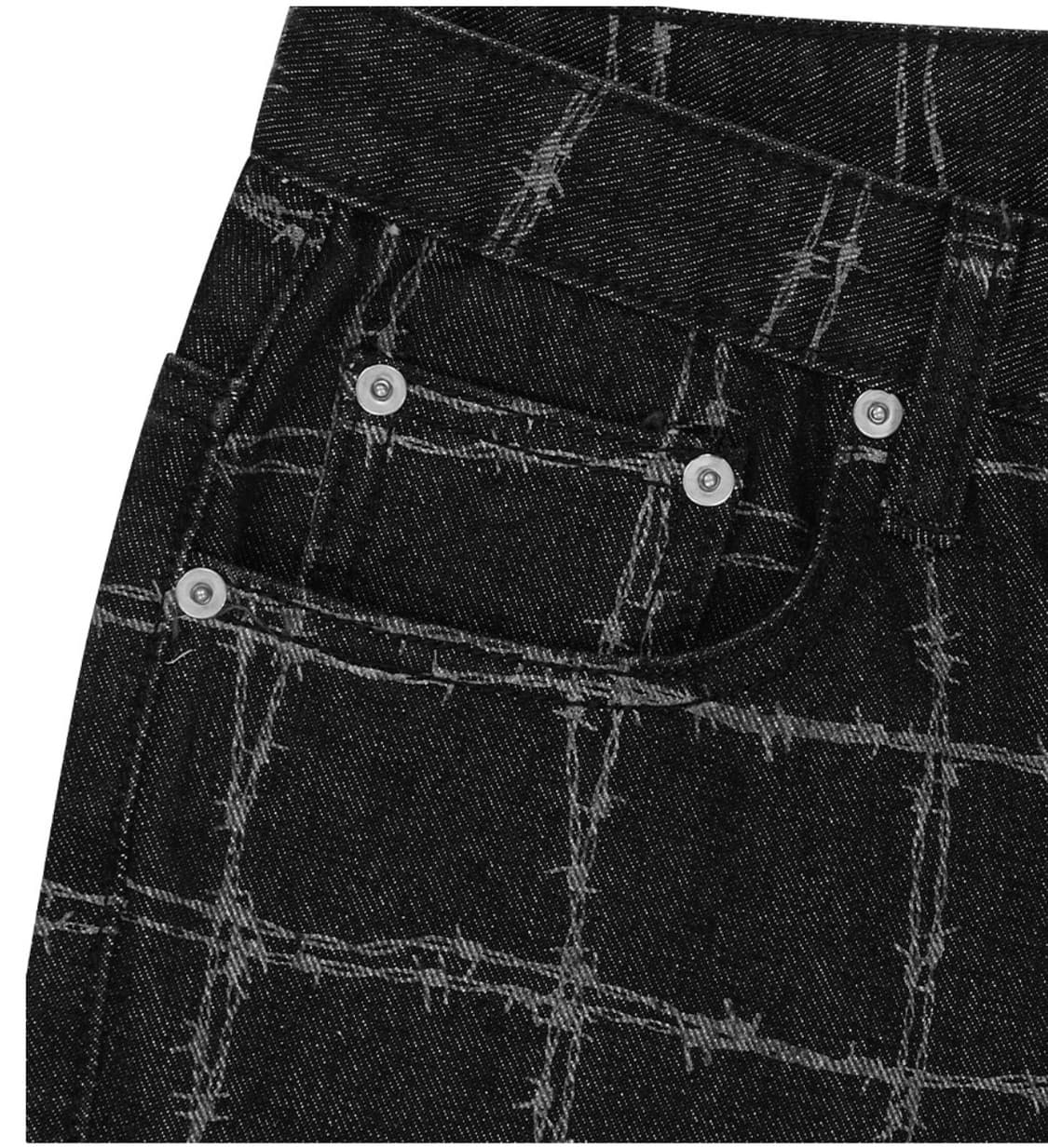 마하그리드 체인와이어 프린팅 데님팬츠 블랙 L 체크패턴 상품이미지4