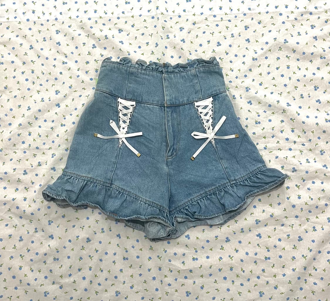 리즈리사 히메갸루히메카지 레이스 아일릿 프릴 데님반바지숏스숏츠숏팬츠빈티지 상품이미지2