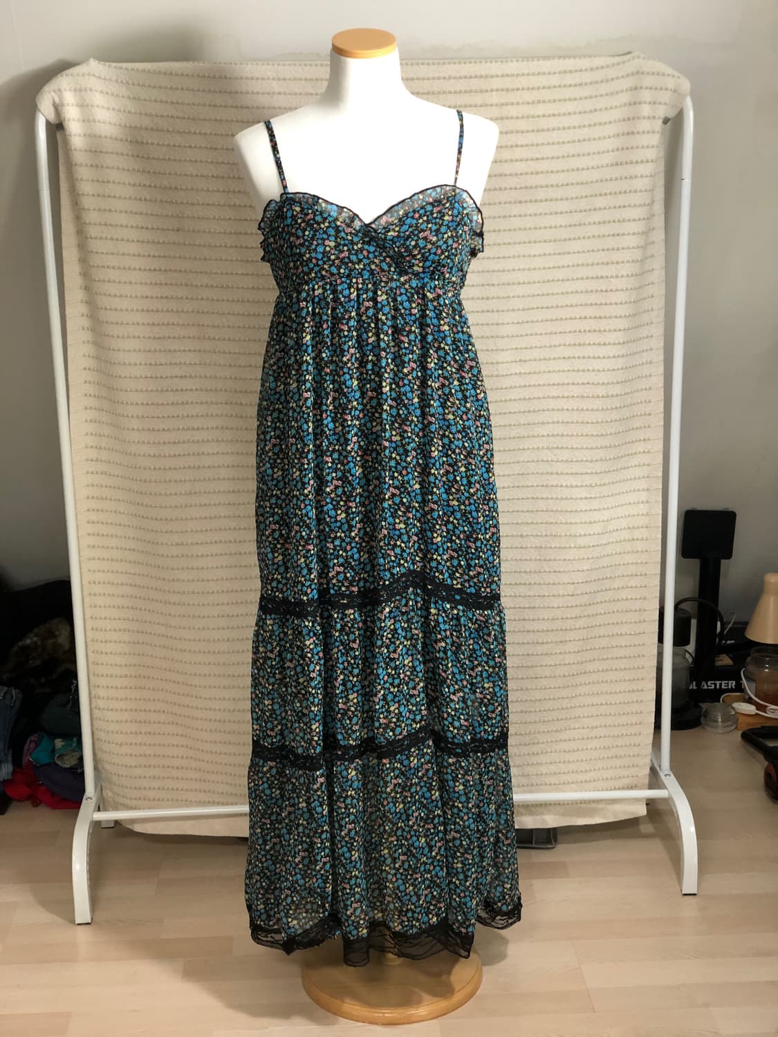 일본 빈티지 블루 플라워 패턴 플로럴 쉬폰 모리걸 롱 원피스 상품이미지1