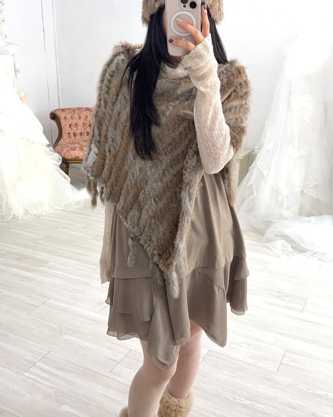 Mix brown rabbit fur cape 상품이미지6