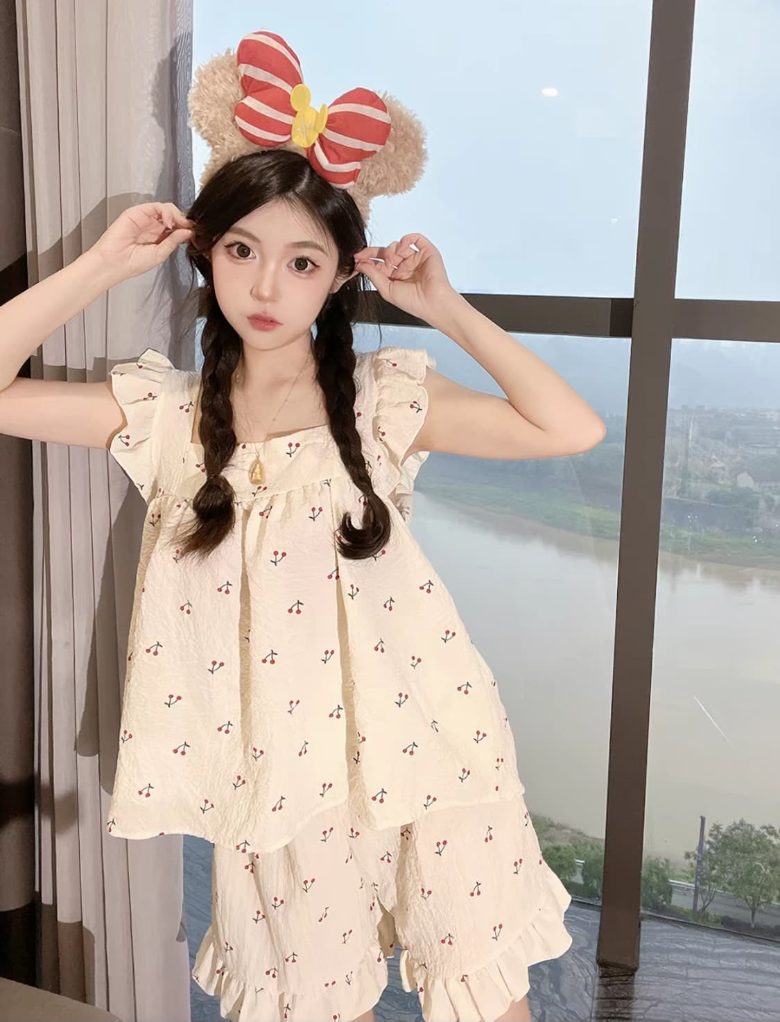 체리 패턴 프릴레이스 민소매티셔츠+팬츠 여성 잠옷 세트 파자마 상품이미지5