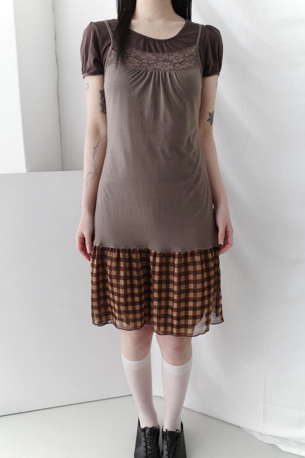 shirring half T + check sleeveless (set) 상품이미지5