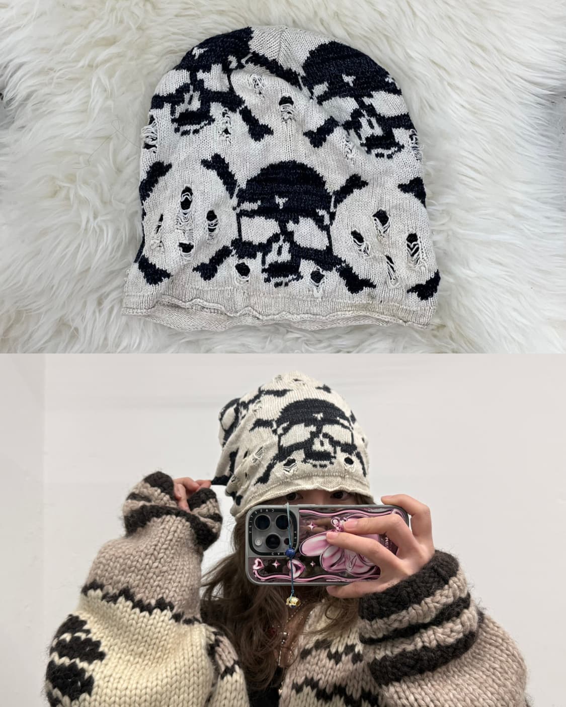 펑크 스컬 데미지 루즈 비니💀 상품이미지1