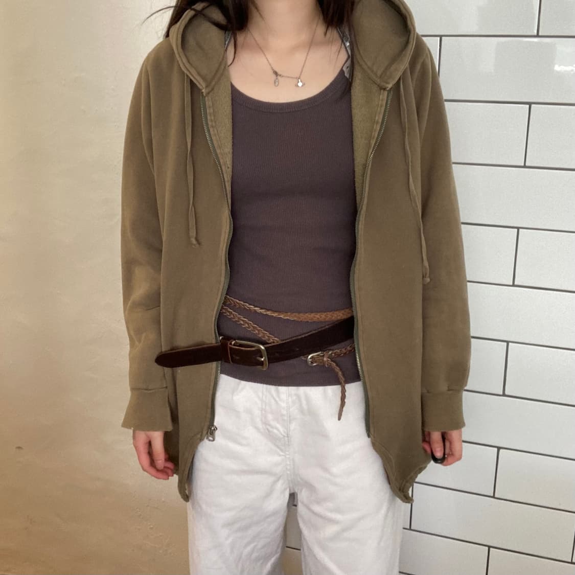 빈티지 카키 오버사이즈 후드 집업 상품이미지2