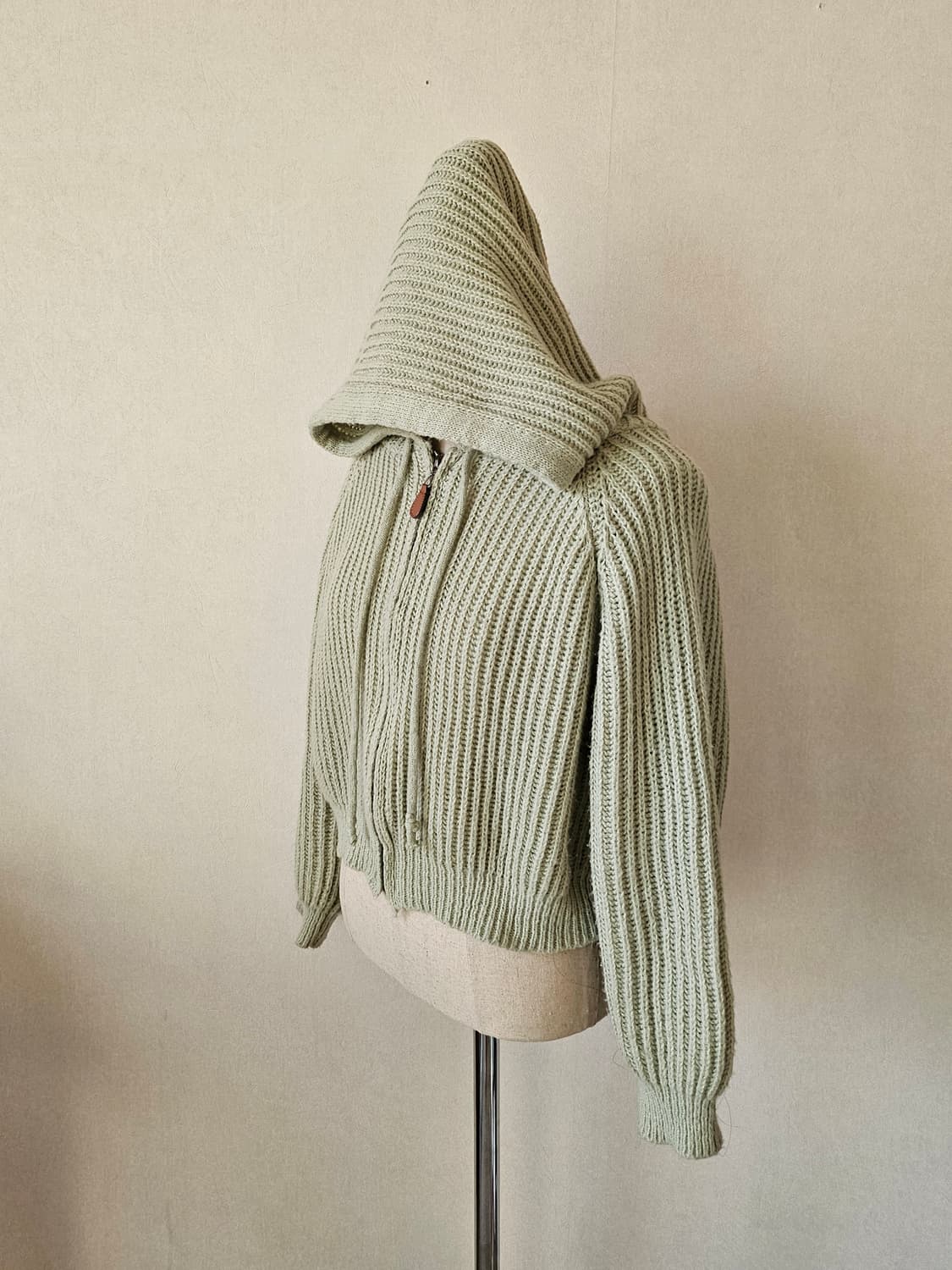 세이지 크롭 니트 후드집업 / 여리핏 볼륨소매 피스타치오 봄후드니트 상품이미지8