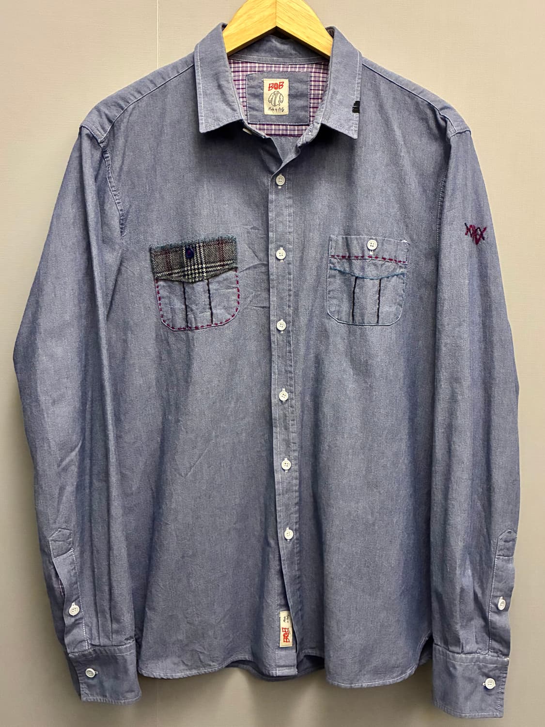 (L~XL)BOB italy 비오비 패치워크 핸드자수 샴브레이 셔츠 상품이미지1