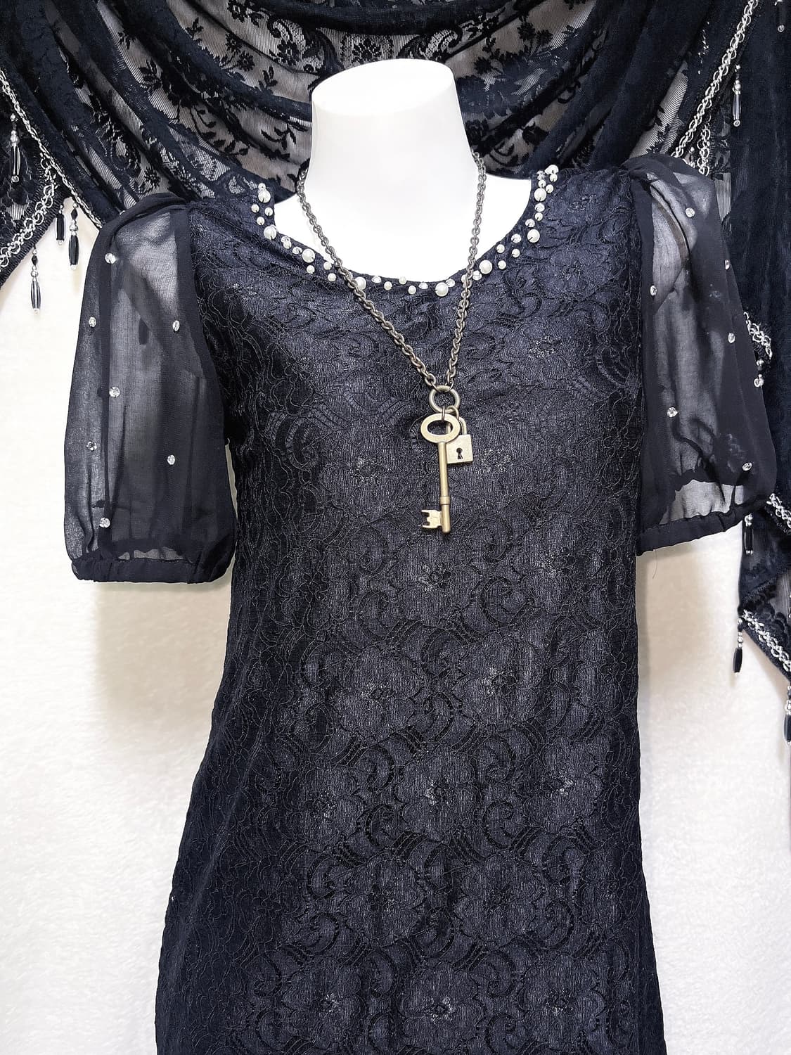 로맨틱고딕 고스 퍼프숄더 큐빅 블랙 레이스 드레스 원피스 다크페어리 핀터 상품이미지2