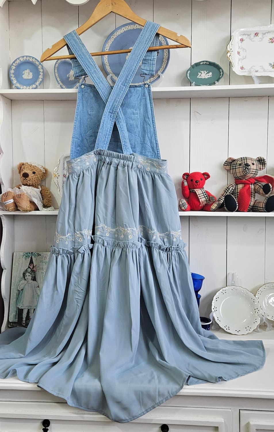 (Axes Femme) 하늘빛 데님 쉬폰 멜빵 롱원피스 상품이미지6