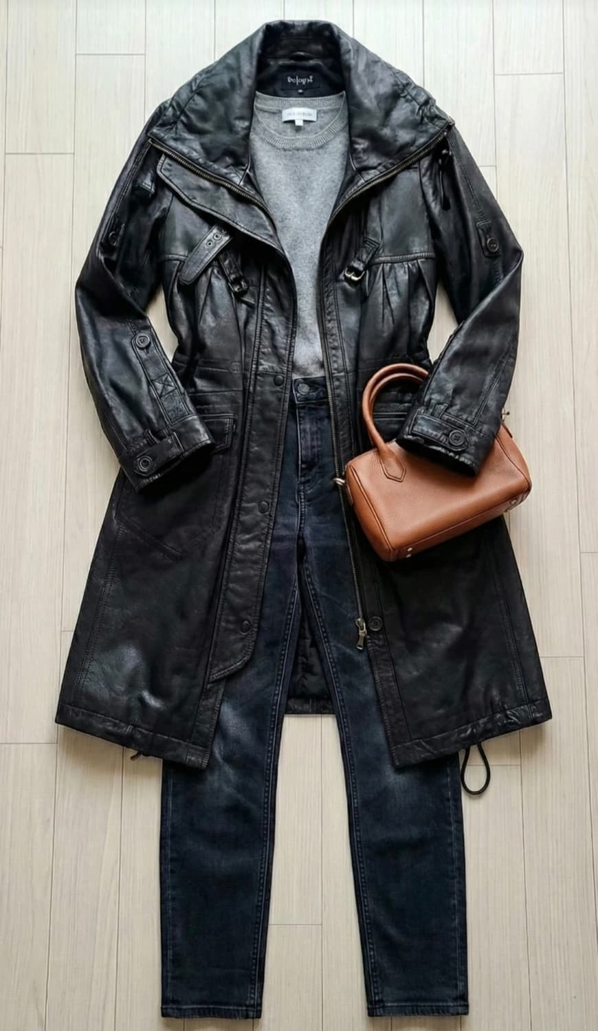 블랙 레더 롱 코트 / 트렌치 무드 롱 재킷 상품이미지8