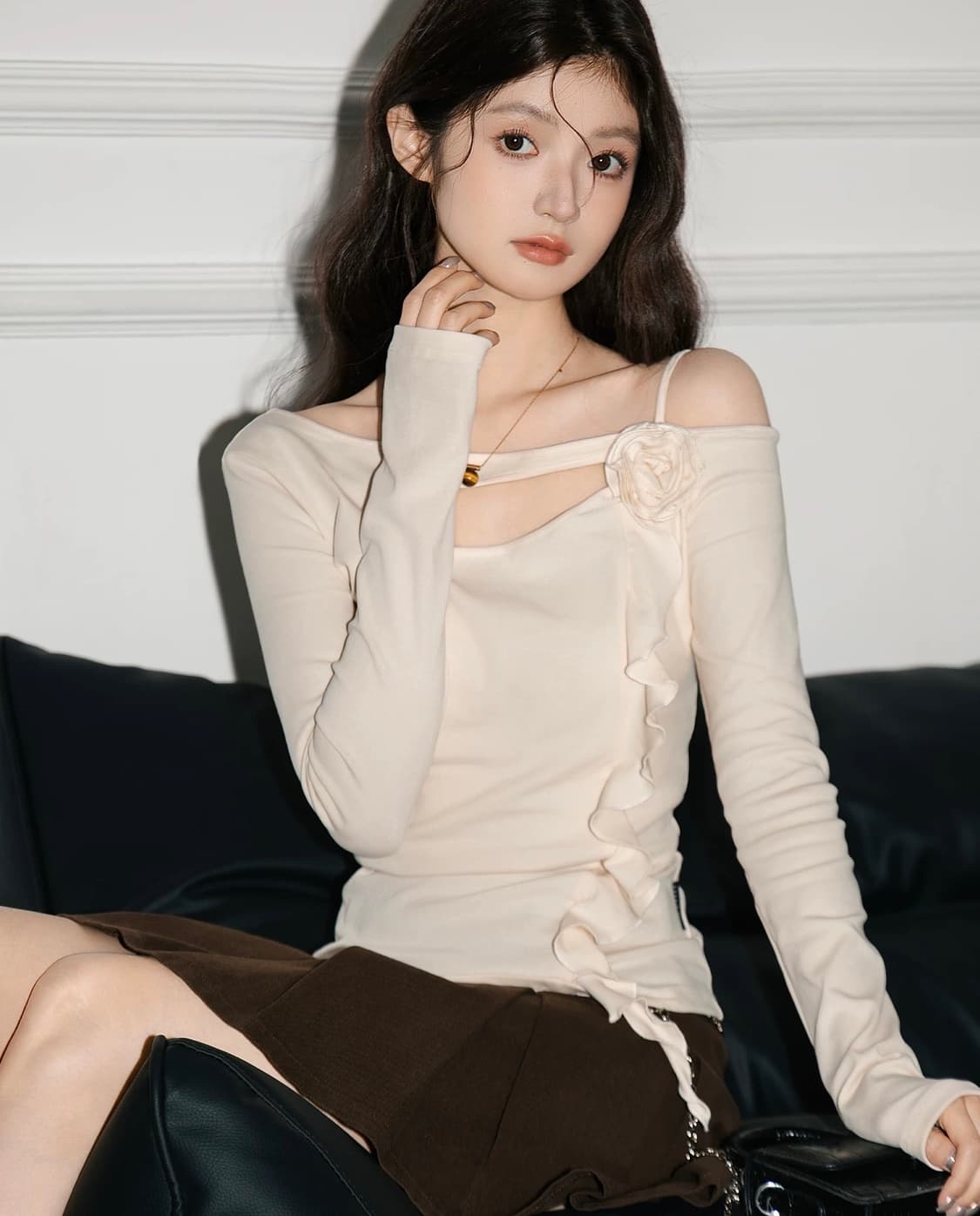 VIAPITTI 프렌치 러플 플로럴 오프숄더 긴팔티셔츠 상품이미지4