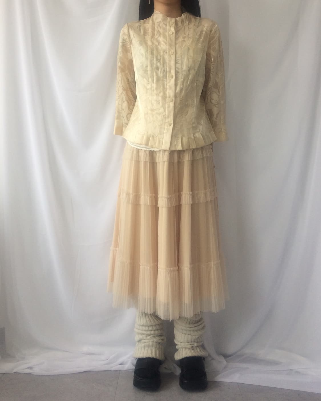 Flower pattern glossy pleats high neck j 상품이미지6