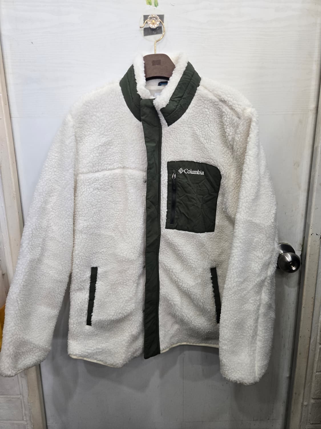 105,XL)) Columbia 컬럼비아 후리스 점퍼! 화이트 & 그린 상품이미지1