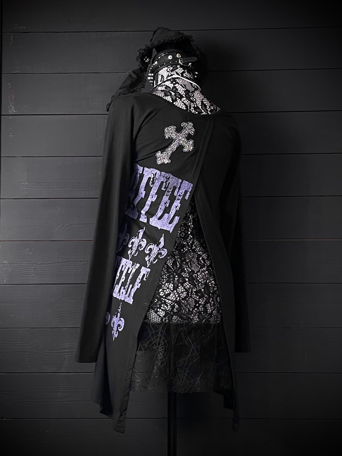 JPN 펑크 오픈 거미줄 레이스 퍼플 레터링 블랙 롱슬리브 상품이미지3