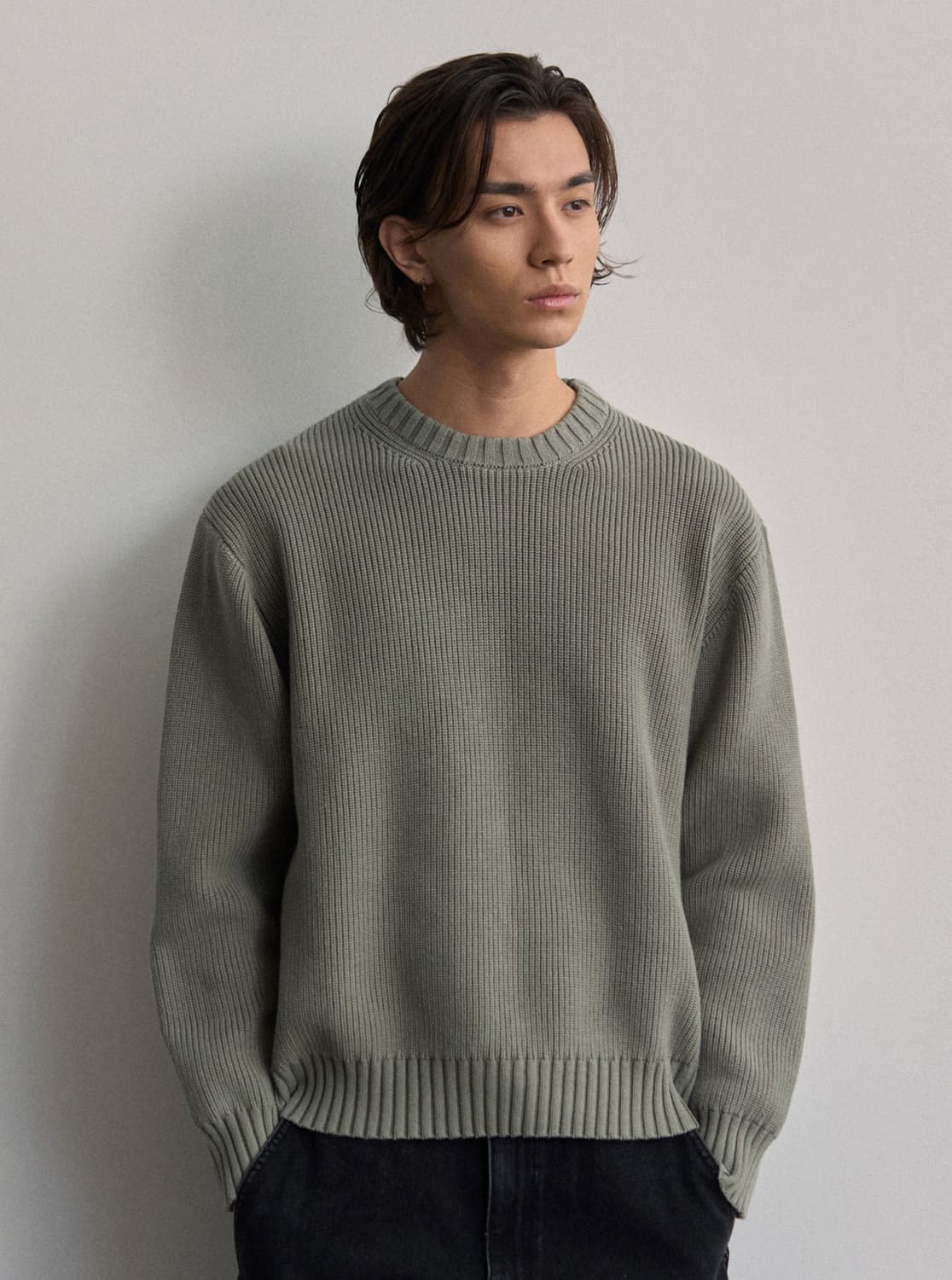 애습 인텔리 코튼 크루넥 니트 그레이시 그린 XL 상품이미지3