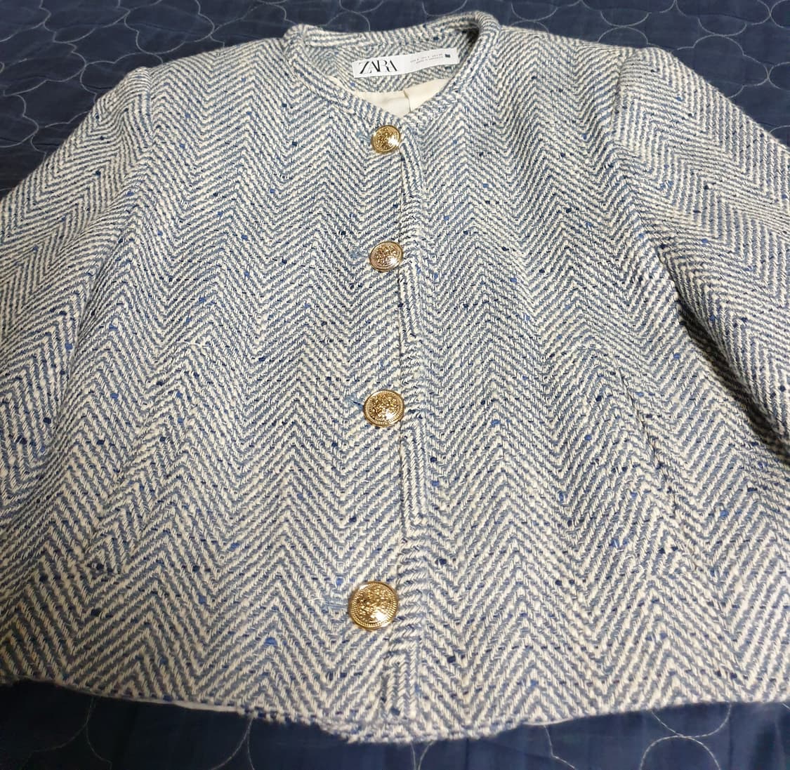 자라 헤링본 크롭 트위드 자켓 블루 (S) 상품이미지2