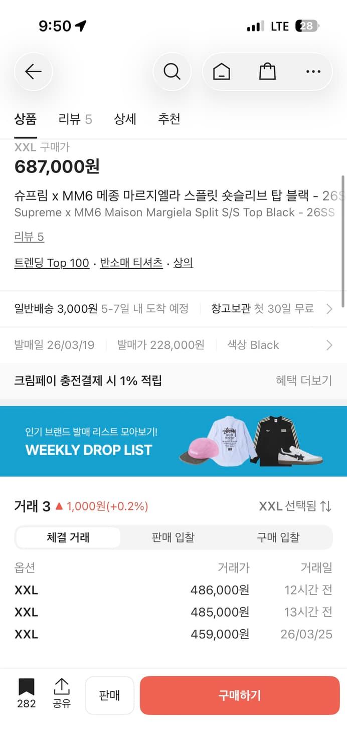 슈프림 x 마르지엘라 스플릿 티셔츠 XXL 상품이미지4