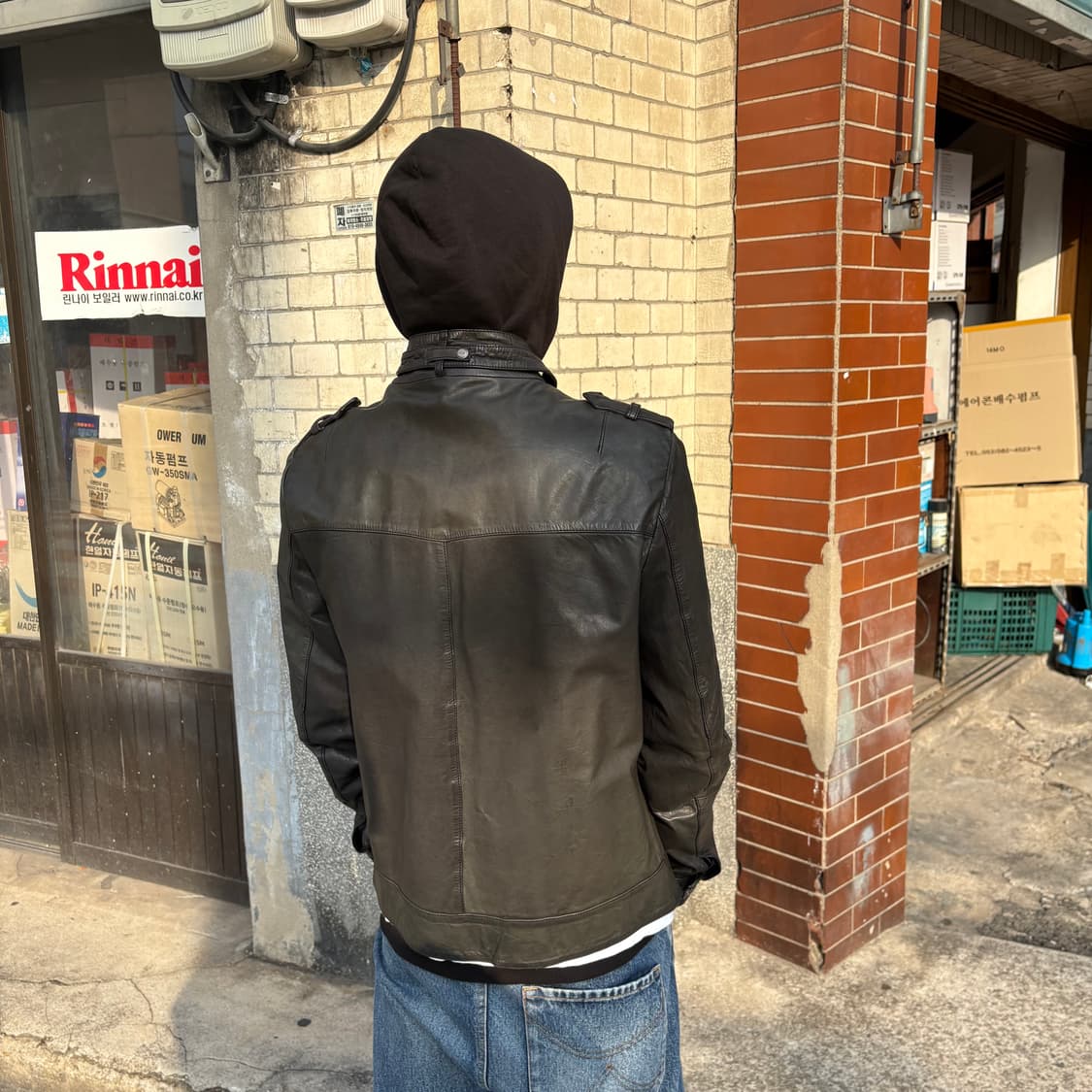 빈티지 다크올리브 카프레더 바이커 자켓 상품이미지3