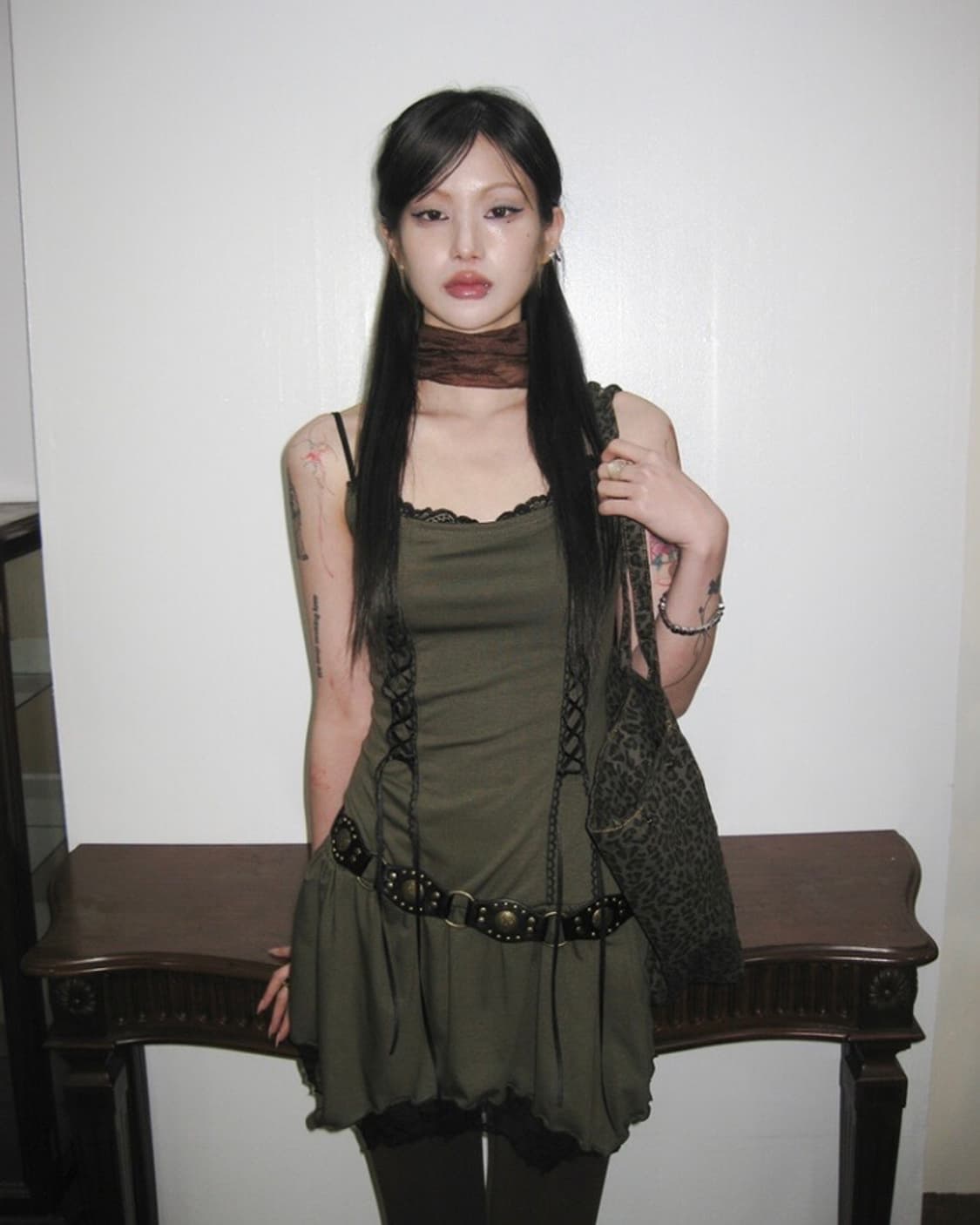Western lace mini dress (Khaki) 상품이미지1