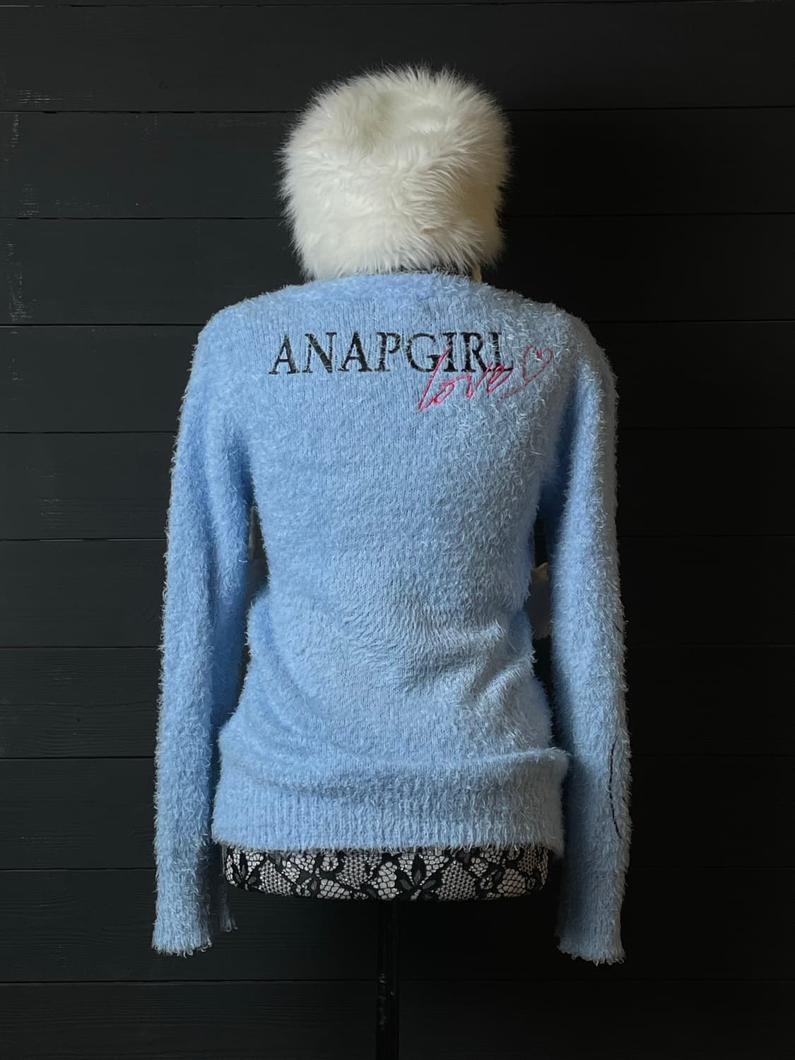 JPN 앙고라 퍼 레터링 하늘색 블루 가디건 상품이미지3