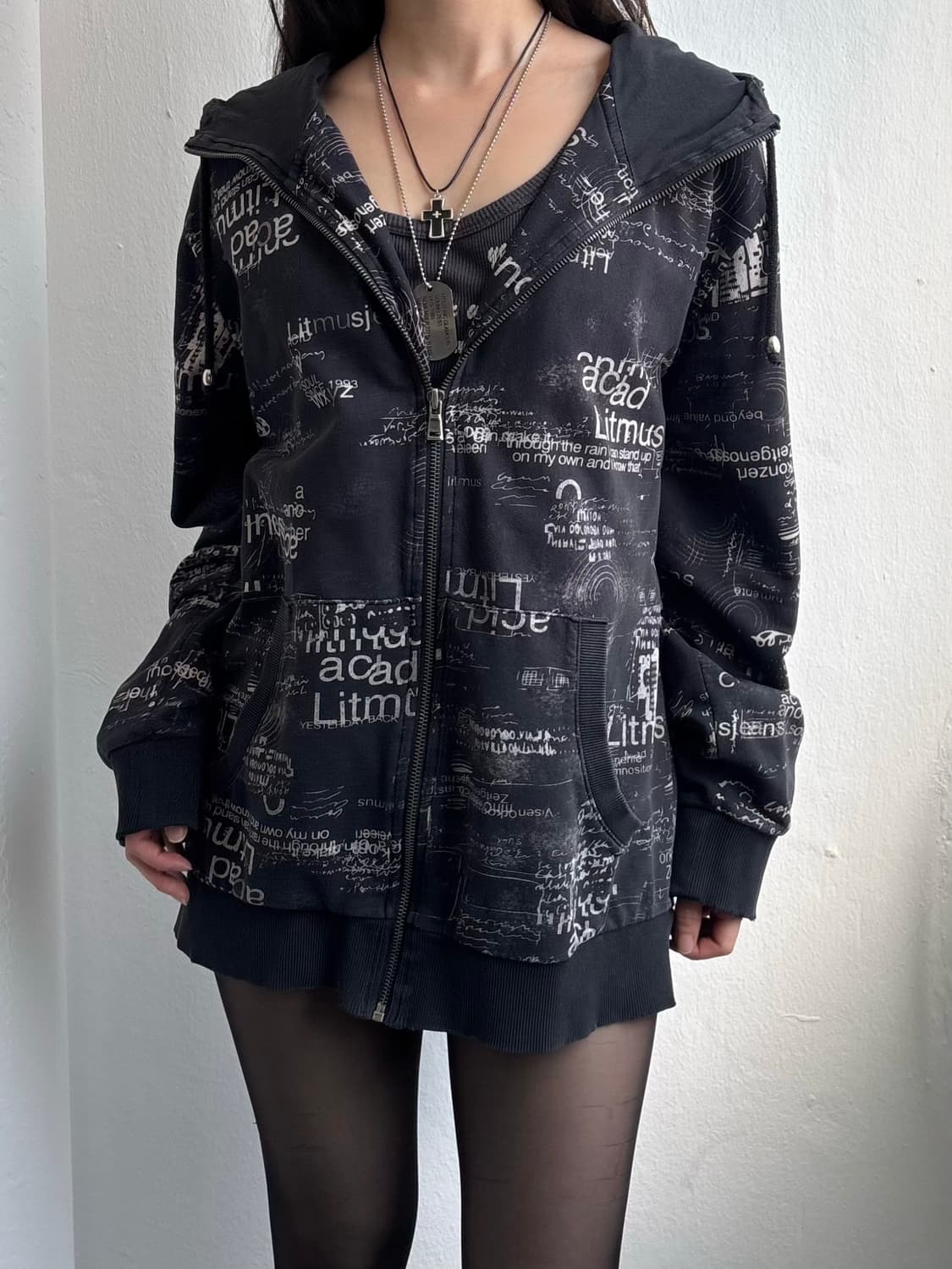Vintage Typography Print Hood Zip-Up 상품이미지1