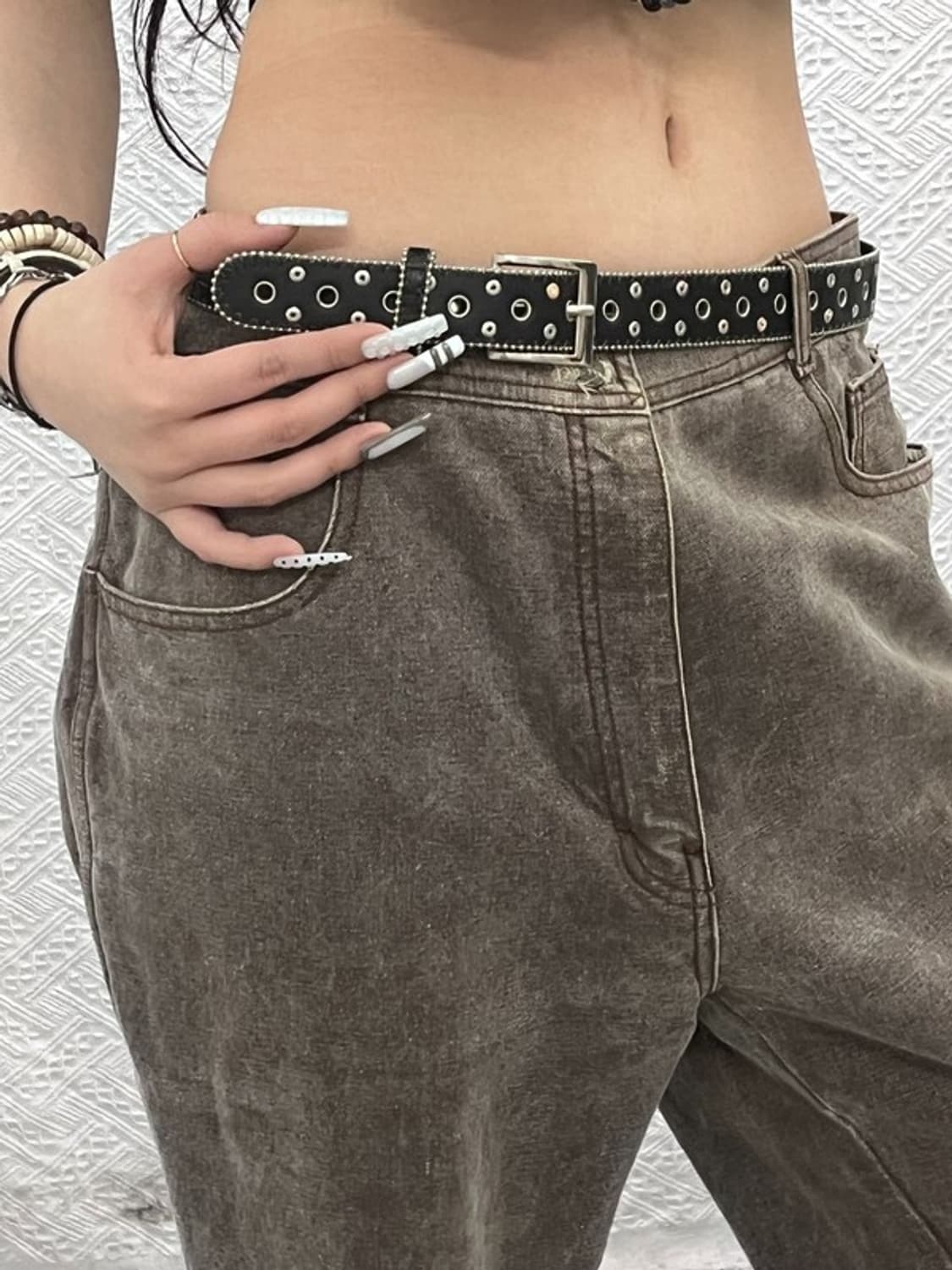 빈티지 스트릿 락펑크 볼 스터드 큐빅 아일렛 벨트 C10768 상품이미지1