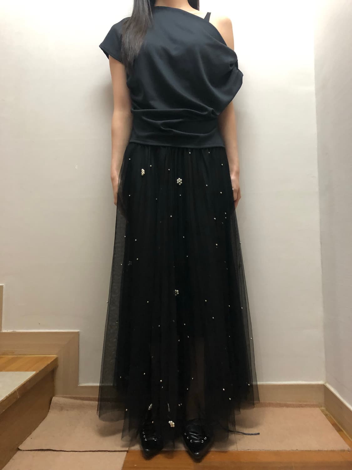 빈티지 블랙 레이스 펄 롱 스커트 상품이미지3