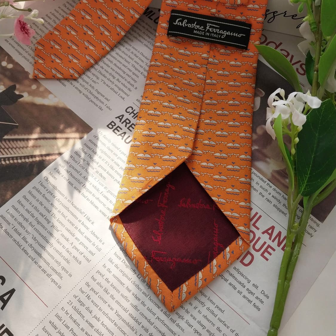 살바토레 페라가모 실크 오렌지 고래 패턴 넥타이 8cm B등급 K1633 상품이미지6