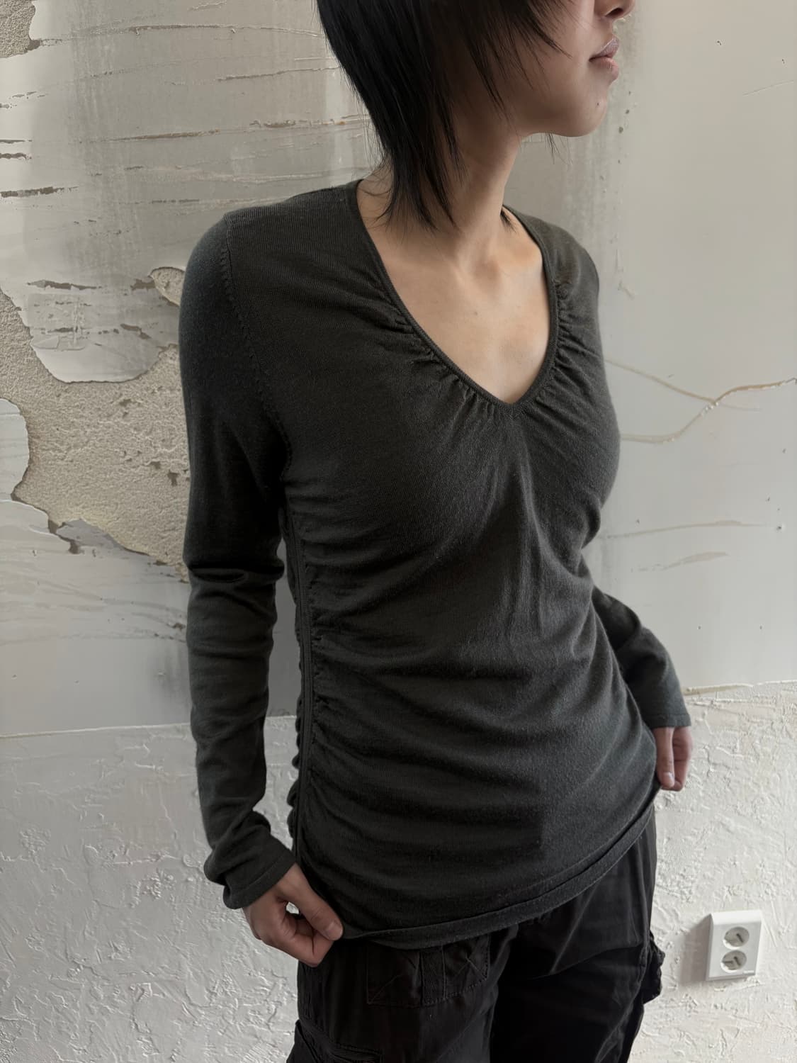 Khaki Shirring Long Sleeve 상품이미지1