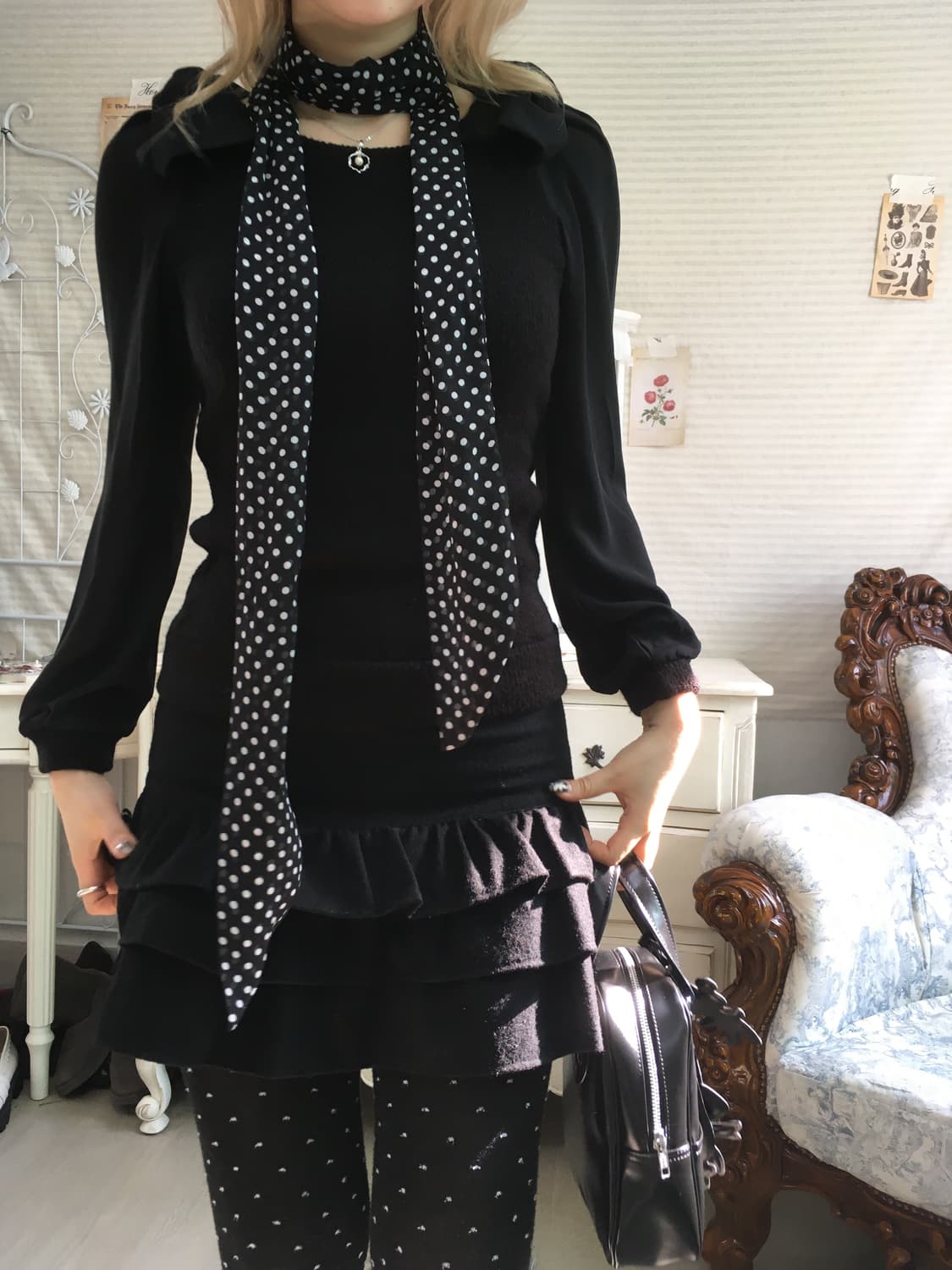 jpn vintage black ribbon knit blouse 상품이미지7