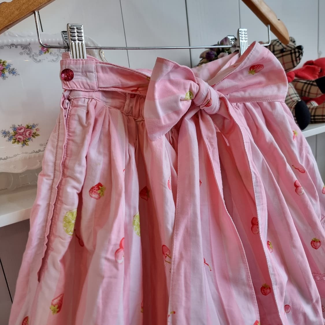 핑크 스트라이프 과일 패턴 레이스 스커트 상품이미지5