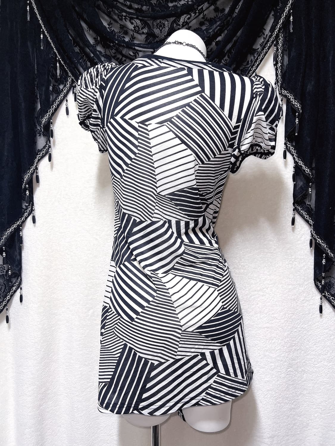 오네갸루 히메 기하학패턴 매듭셔링 퍼프숄더 미니원피스 아게하 헤이세이 상품이미지8