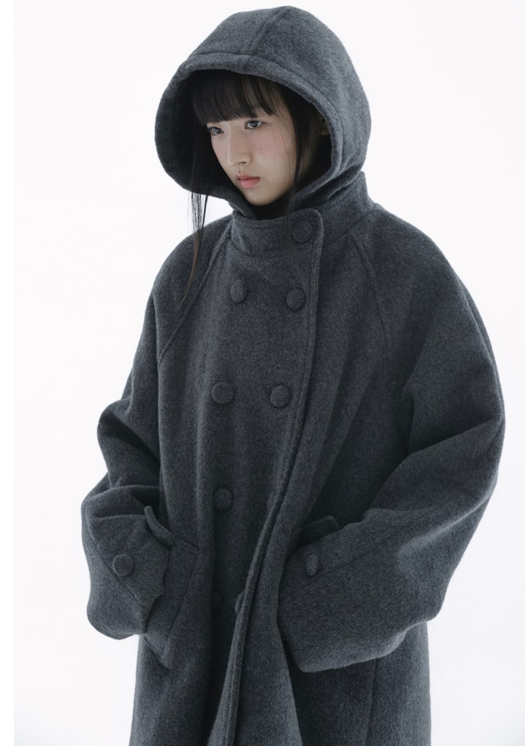 hugyourskin 허그유어스킨 후디드 하프 코트 차콜 새상품  상품이미지3