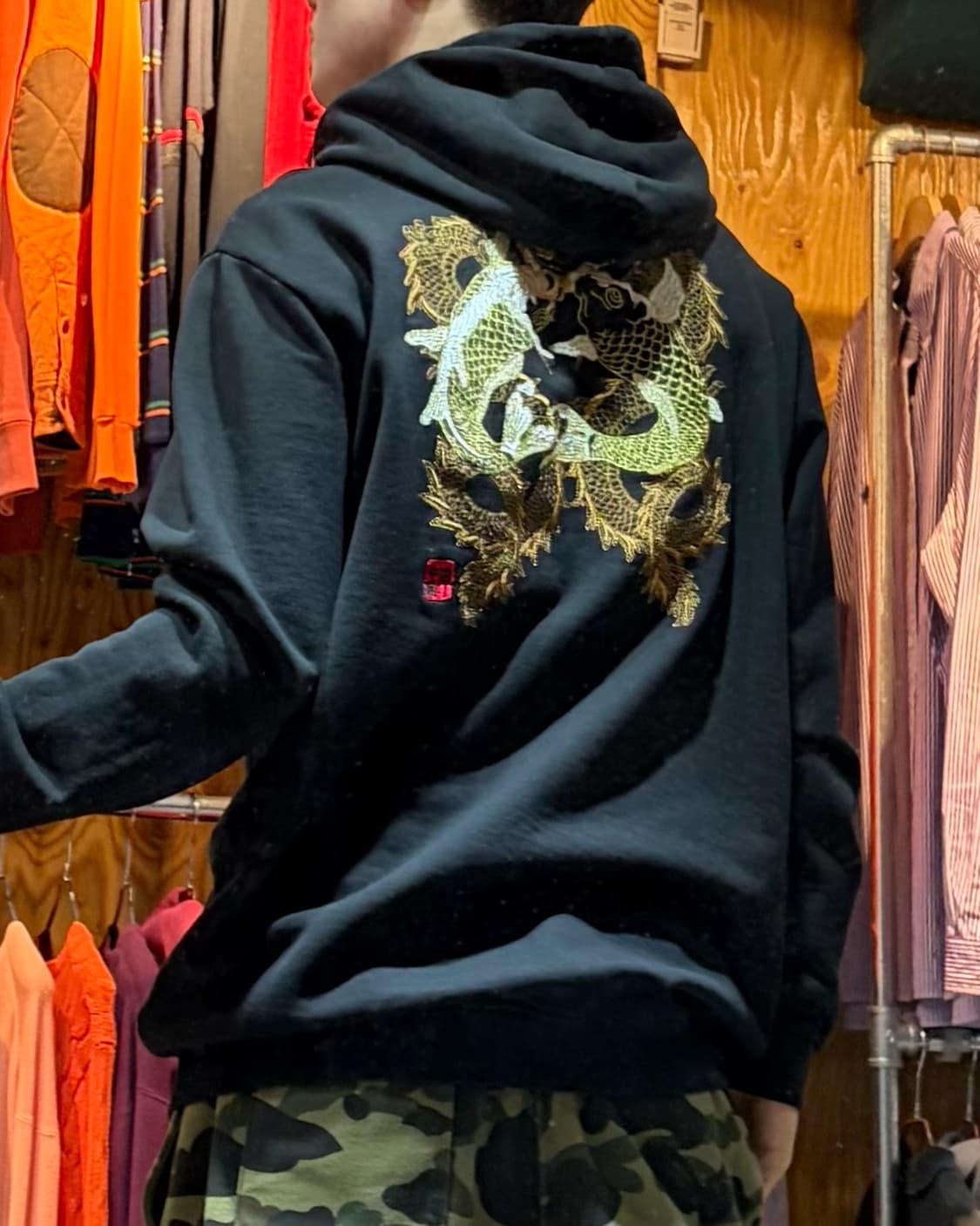 3XL Japan 잉어 자수 블랙 코튼 후드티 상품이미지1