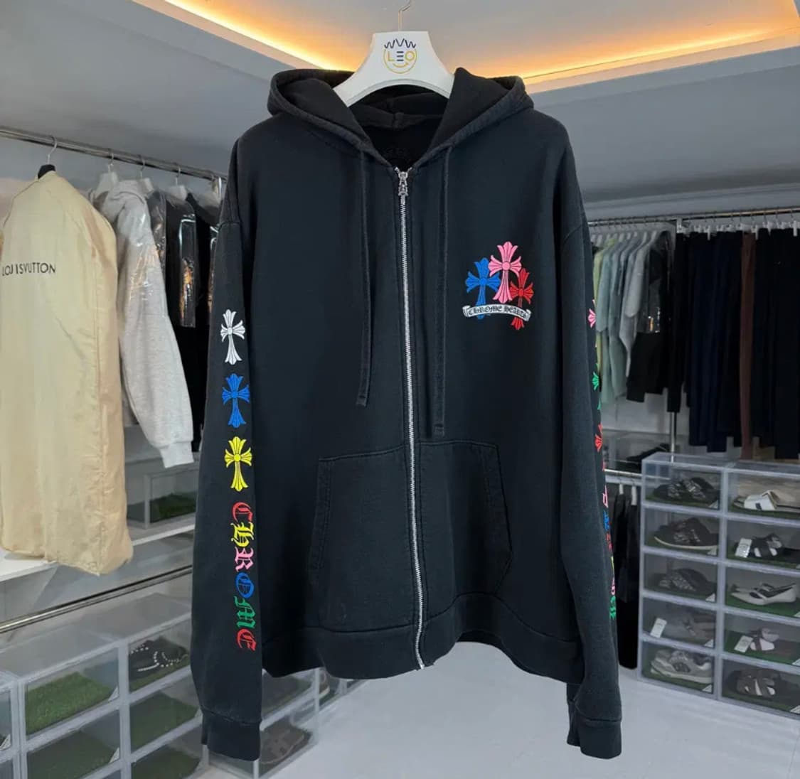 크롬하츠 멀티 컬러 크로스 패치 집업 후드 XL 블랙 상품이미지1