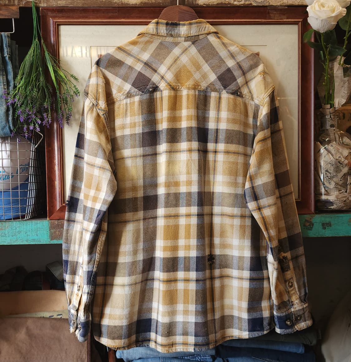90s 빈티지 체크셔츠 헤비 플란넬 워크셔츠 썬페이딩 옐로우 L 상품이미지3