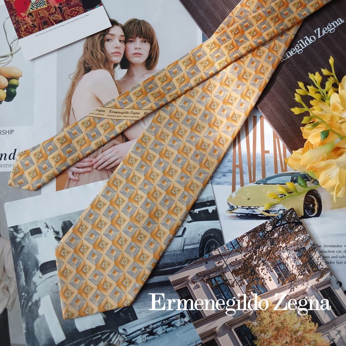  제냐 실크 옐로우 기하 패턴 넥타이 9.4cm A+등급 A19546 상품이미지2