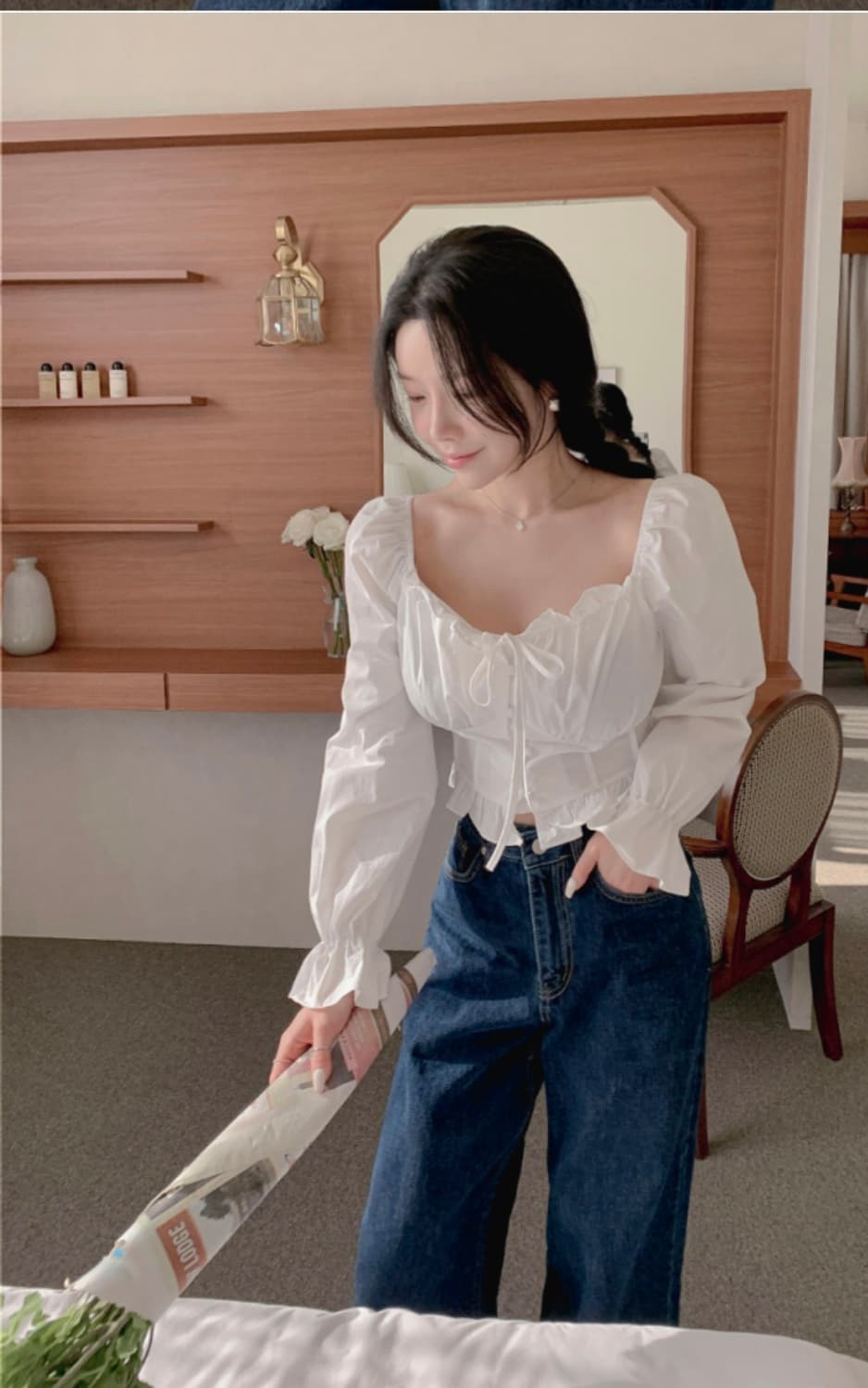 화이트 스퀘어넥 셔링 블라우스 상품이미지4